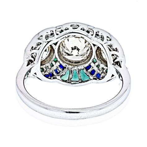 Platinum Three Stone Diamond, Emerald and Sapphire Three Stone Ring at ...