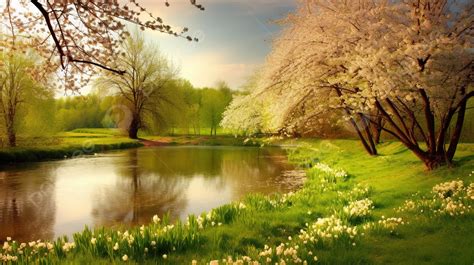 Beautiful Landscape With Spring Flowers And A River Background, Nature ...