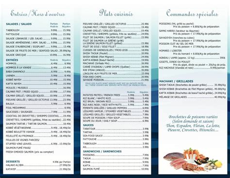 Menu au La Sirène de la mer restaurant, Mont-Royal, 114 Avenue Dresden