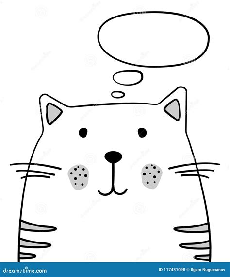 Doodle Sketch Cat With Thought Cloud Illustration. Cartoon Vector Cat ...