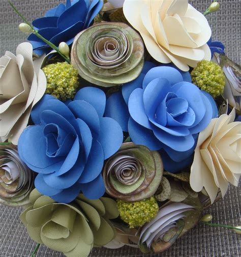 Paper Flower Wedding Bouquet In blues sage and Ivory with