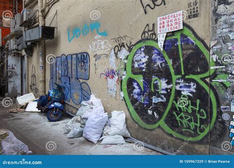 Graffiti in Alleyway in Asia Editorial Stock Image - Image of tunnel ...