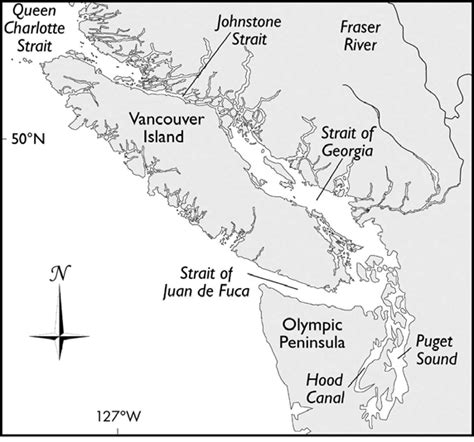 Map showing the Strait of Georgia, Puget Sound and associated inland ...