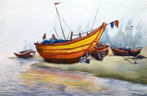 Colorful Fishing Boats - Watercolor Painting Painting by Samiran Sarkar ...