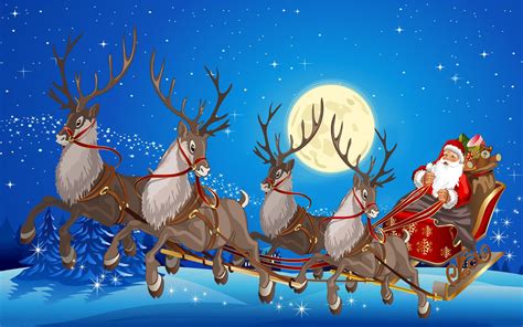 Santa Claus Sleigh With Reindeer Gifts Full Moon Desktop Wallpaper Hd ...