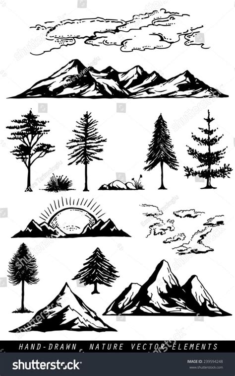 Hand Drawing Mountains Pines Clouds Plants Stock Vector (Royalty Free ...