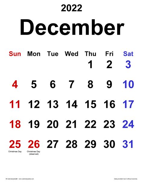 December 2022 Calendar | Templates for Word, Excel and PDF