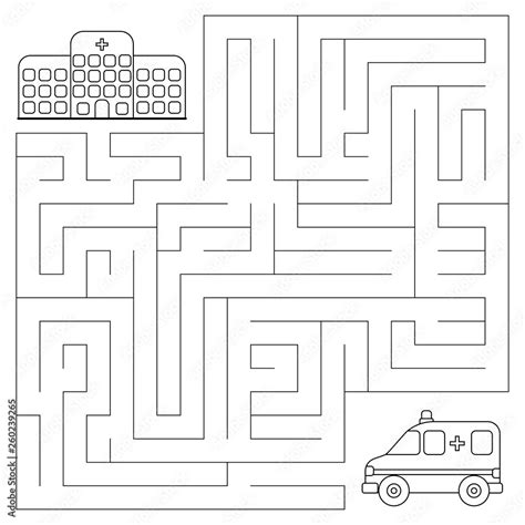 Maze game for kids. Vector coloring page. Help the ambulance car find ...