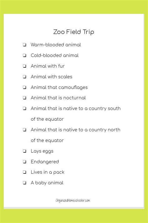 the zoo field trip checklist is shown in green and white with an animal ...