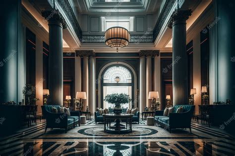 Premium Photo | A large luxury hotel lobby with pillars and furniture ...