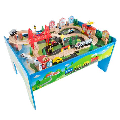 Wooden Train Set Table for Kids, Deluxe Had Painted with Tracks, Cars ...