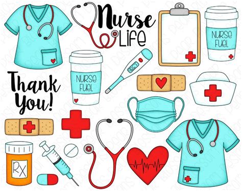 Nurse Life Hand Drawn Digital Clipart Set of 19 Scrubs, Mask ...