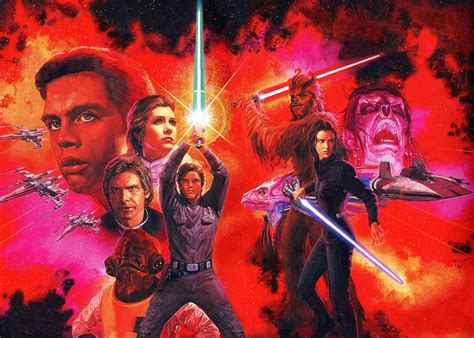 the poster for star wars is shown in red and purple tones with many ...