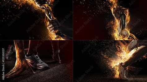 Sports background. Sport collage with fire and energy Stock Photo ...