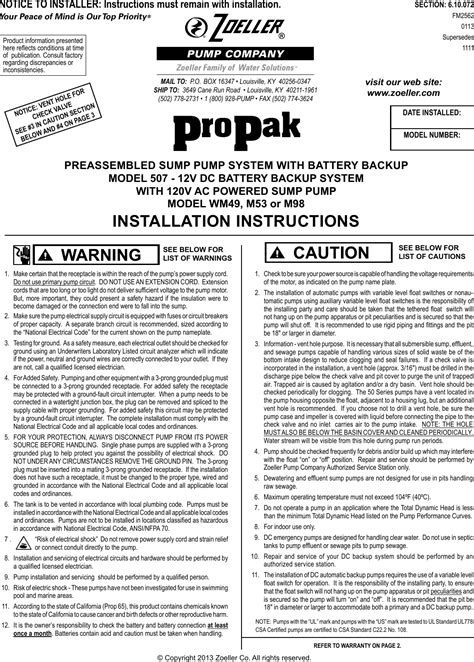 218 2 Zoeller Pro Pak 98 Instructions User Manual