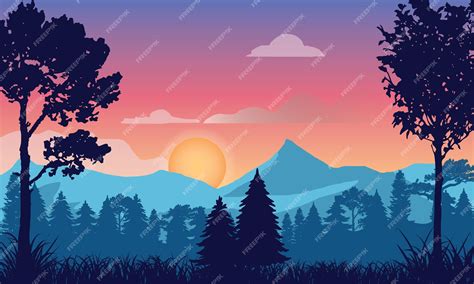 Premium Vector | Silhouette sunset beautiful landscape vector