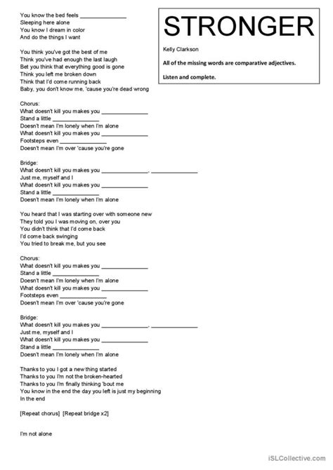 Stronger Kelly Clarkson song and nur…: English ESL worksheets pdf & doc