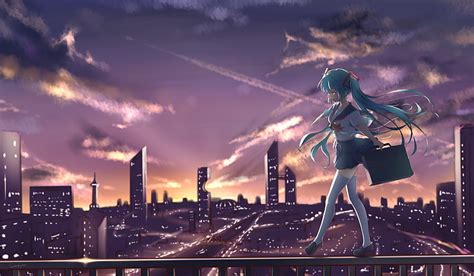 Hatsune Miku, caminando sobre la cerca, vocaloid, uniforme escolar ...