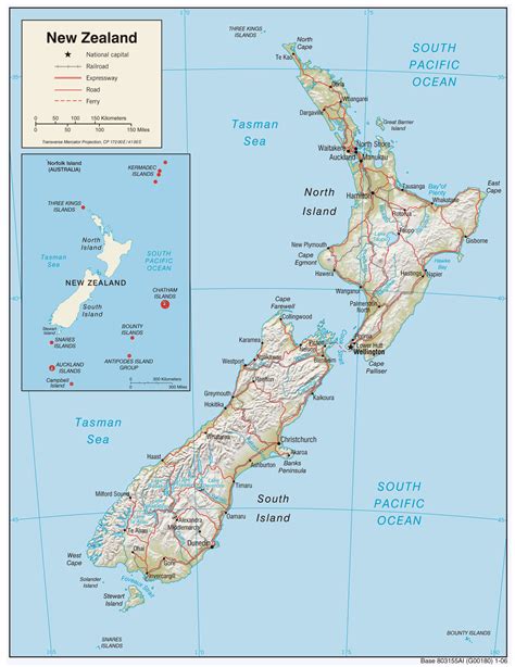 Large political and relief map of New Zealand with roads and cities ...