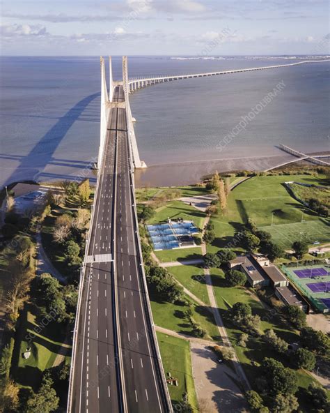 Aerial view of Vasco da Gama bridge, Lisbon, Portugal - Stock Image ...