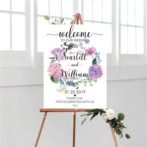 Welcome Sign Wedding,Bohemian Wedding Signage,Hydrangea Wreath ...