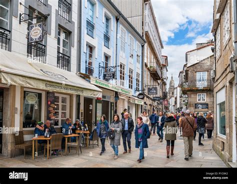 Cafes, bars and shops on Rua do Franco in the old town, Santiago de ...