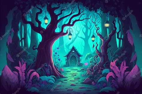 Premium Photo | Background mystical forest illustration, cartoon style ...