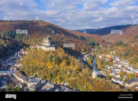 Aerial view of Vianden with castle, Vianden canton, Grand Duchy of ...