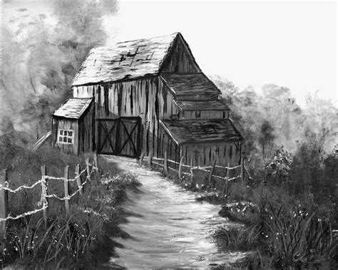 Wooden Barn In Black And White Painting by Claude Beaulac