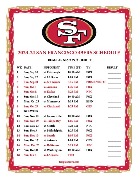 Printable 2023-2024 San Francisco 49ers Schedule