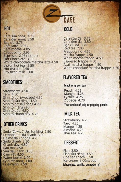 Menu of Z Cafe in Westminster, CA 92683