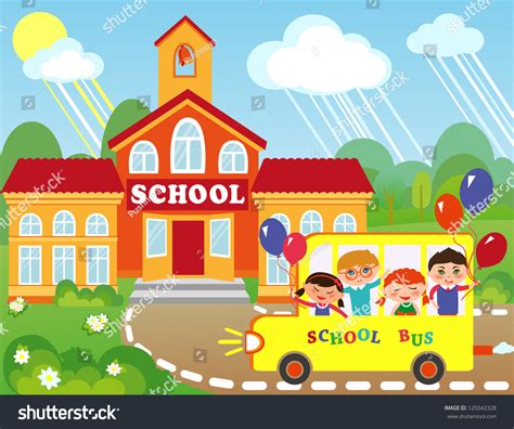 Illustration Cartoon School Building Children Going : image vectorielle ...