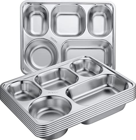 8 Pieces Stainless Steel Divided Dinner Tray Rectangular 5 Sections ...