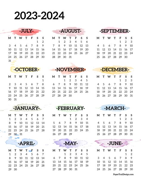 2023-2024 School Year Calendar Free Printable - Paper Trail Design