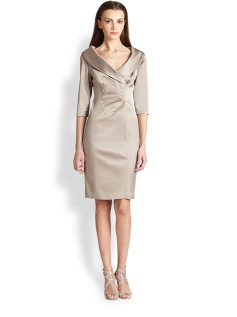 Lyst - Kay Unger Stretch Satin Shawl Collar Dress in Natural