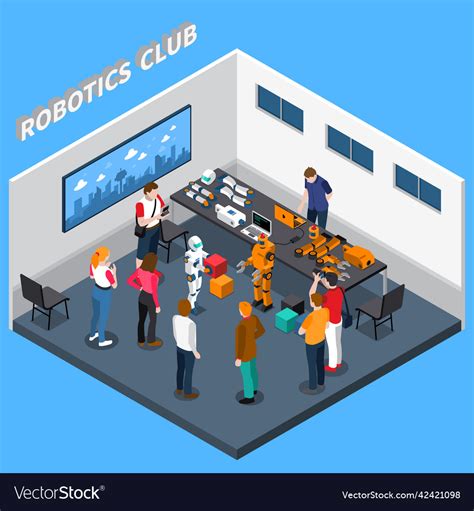 Robotics club isometric composition Royalty Free Vector