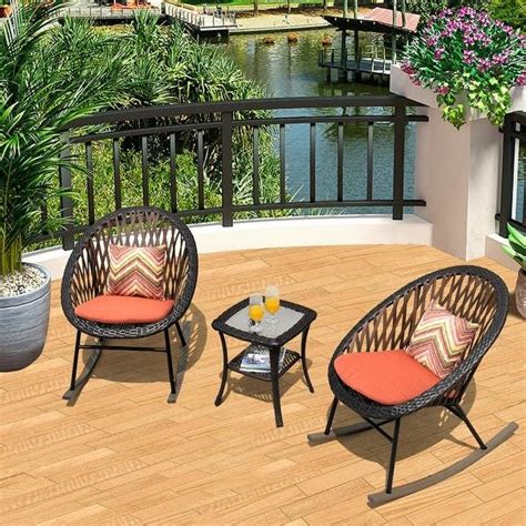 OVIOS 3-piece Patio Rocking Chair Bistro Set with Glass Coffee Table ...