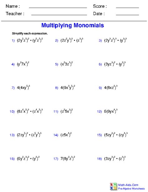 Pre-Algebra Worksheets | Monomials and Polynomials Worksheets | Algebra ...