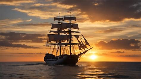 Premium AI Image | Sailing Ship Silhouette In Red Sunset On The Sea