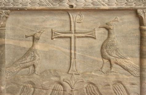 Title: Early Christian Sarcophagus: Cross and Peacocks Caption: Detail ...