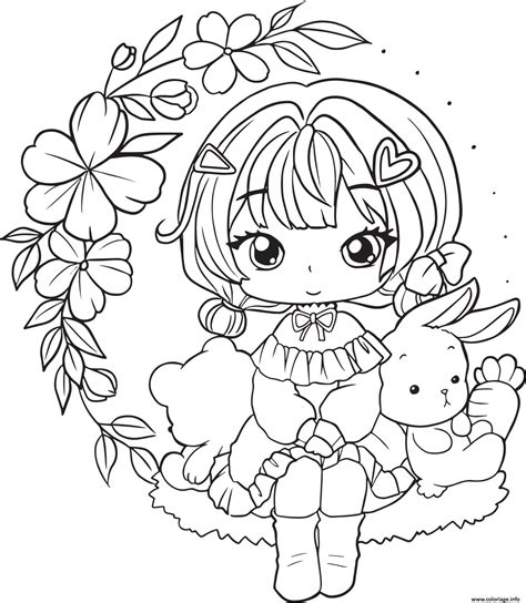 Coloriage adorable fille manga avec un lapin - JeColorie.com