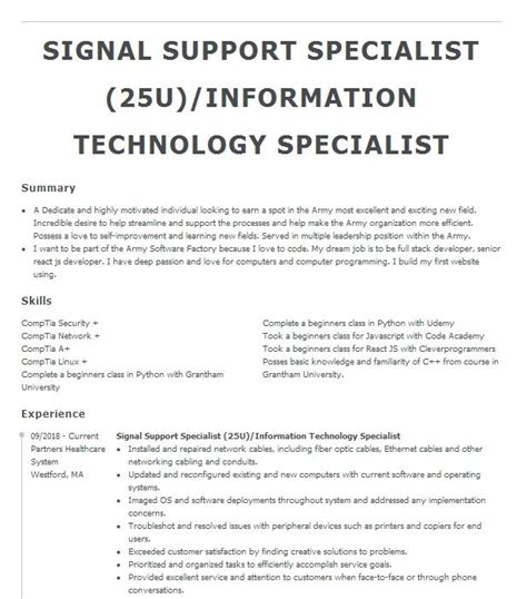 25u Signal Support Specialist Resume Example