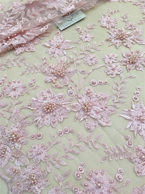 Pink beaded floral lace fabric - 3D lace & embroidery - lace fabric ...