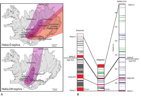 (A) Dispersal maps of tephra layers Hekla Ö and Hekla DH. The ...