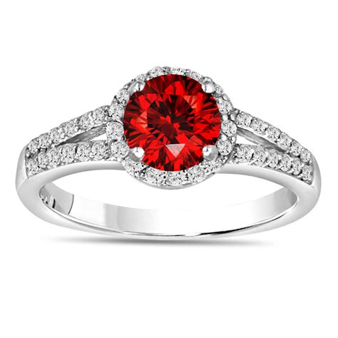 1.00 Carat Fancy Red Diamond Engagement Ring 14K White Gold Halo Pave ...