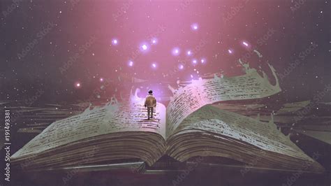 Boy standing on the opened giant book with fantasy light, digital art ...