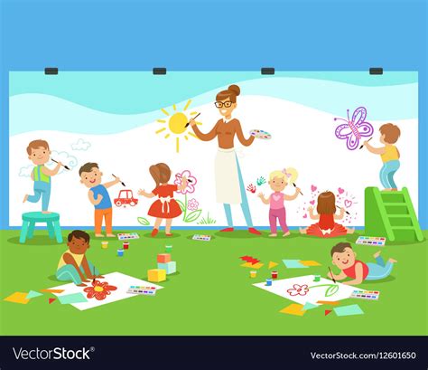 Young children in art class drawing and painting Vector Image