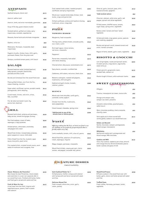 Menu at Saint Restaurant, Sandton