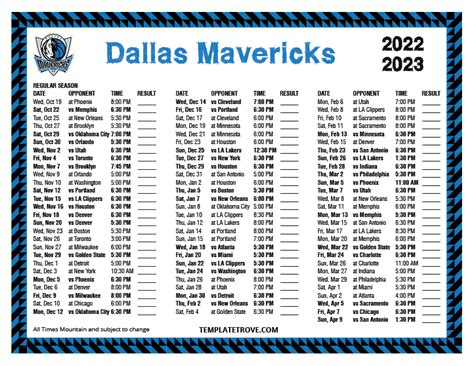 Dallas Mavericks Printable Schedule