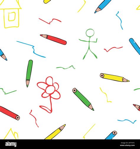 Seamless vector pattern with children drawing on white background ...